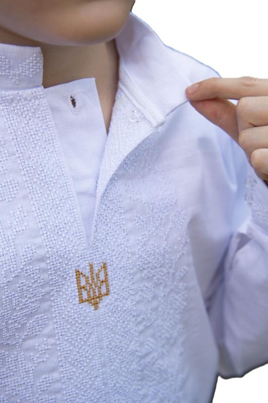 Вишиванка для хлопчика Герб лляна дитяча патріотична 7101234 льон 158см чисто біла з тризубом