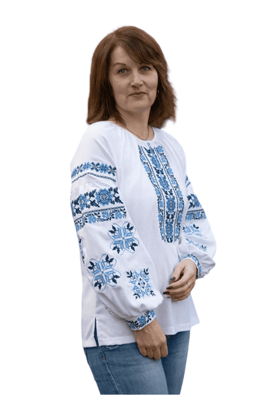 Вишиванка жіноча лляна Орнамент з блакитним візерунком 254020411 льон  (XL)104-108 біла