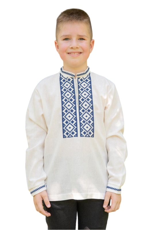 Вишиванка для хлопчика лляна Традиційна дитяча 3301234 льон 122см молочна з синім орнаментом