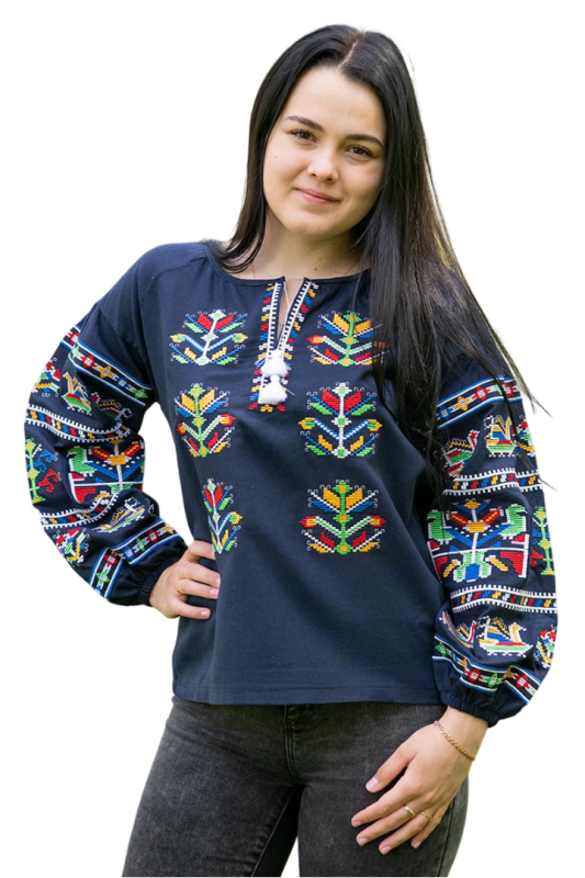 Лляна жіноча вишиванка з барвистим етнічним малюнком 48020411 льон (2XL)112-116 темно-синя
