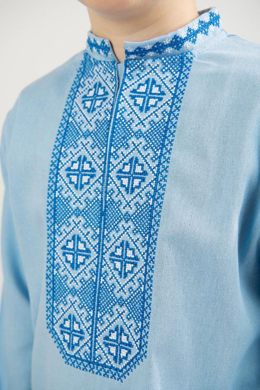 Вишиванка для хлопчика Ромби лляна дитяча з ніжною біло-блакитною вишивкою 101234 льон 122см блакитна з орнаментом