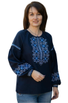 Вишиванка жіноча лляна Темно-синя Класика 358020411 льон (3XL)120 з біло-блакитним орнаментом