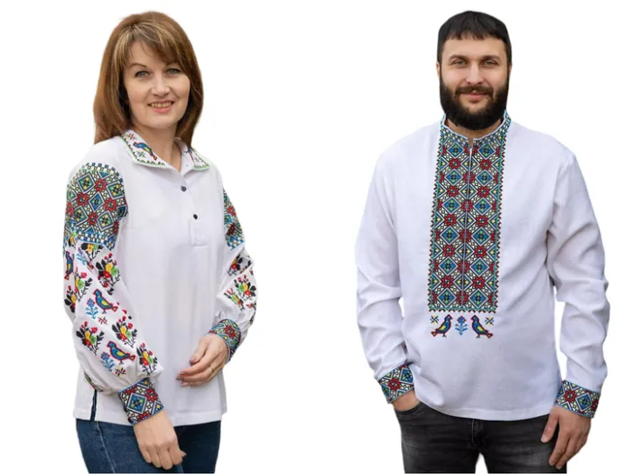 Парні вишиванки жіноча і чоловіча з голубами 3658020411 льон (М)88-92 білі