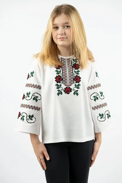 Вишиванки сімейні для мами і доньки Квіти парні 48020411 льон жіноча (М)88-92 для дівчинки 140см білі