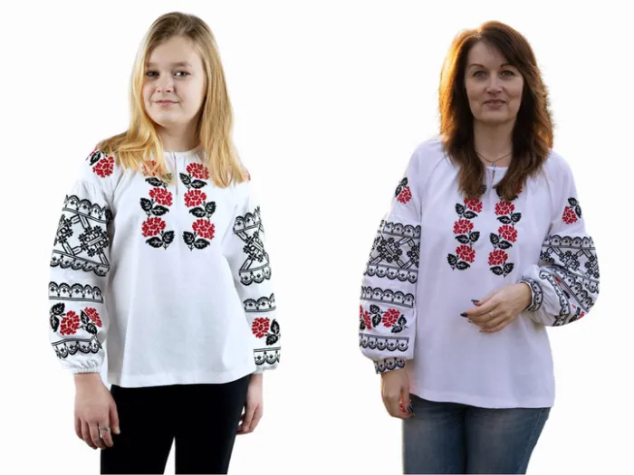 Сімейні вишиванки мама і дочка Калина парні 38020411 льон жіноча (М)88-92 для дівчинки 158см білі