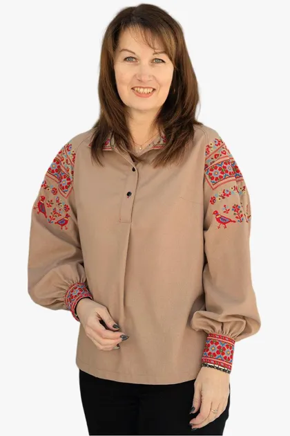 Вишиванки мама і донька Орнамент з голубами парні сімейні 98020411 льон жіноча (М)88-92 для дівчинки 146см кавові