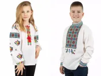 Сімейні вишиванки для братика і сестрички Барвисті лляні парні 65050411 льон 110см для хлопчика і для дівчинки білі
