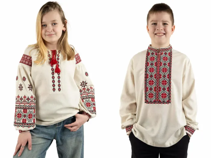Парні вишиванки для братика і сестрички Українські традиції лляні сімейні 75050411 льон 116см для хлопчика і для дівчинки світло-бежеві