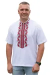Лляна чоловіча сорочка-вишиванка Козацька літня короткий рукав 72801234 льон  (M)88-92 біла з червоно-чорною орнаментом