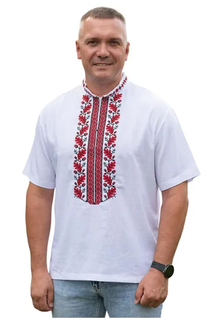 Лляна чоловіча сорочка-вишиванка Козацька літня короткий рукав 72801234 льон  (L)96-100 біла з червоно-чорною орнаментом