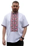 Лляна чоловіча сорочка-вишиванка з коротким рукавом Оберіг 92801234 льон  (XL)104-108 біла з червоно-чорною вишивкою