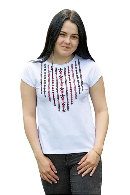 Жіноча вишиванка-футболка з червоно-чорним орнаментом літня 98558020411 фулікра XL  біла