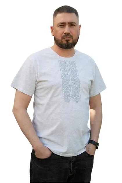 Вишиванка чоловіча літня Орнамент бавовняна з коротким рукавом 325706234 фулікра (XL)104-108 біла меланж