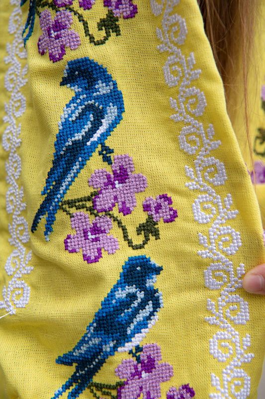 Вишиванка для дівчинки Ластівочки на квітах підліткова лляна сорочка з вишивкою 010411 льон 152см жовта