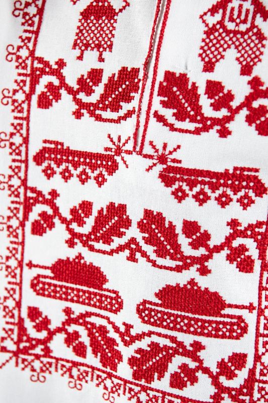 Вишиванка для хлопчика дитяча лляна Мужність 6301234 льон 146см біла з червоною вишивкою
