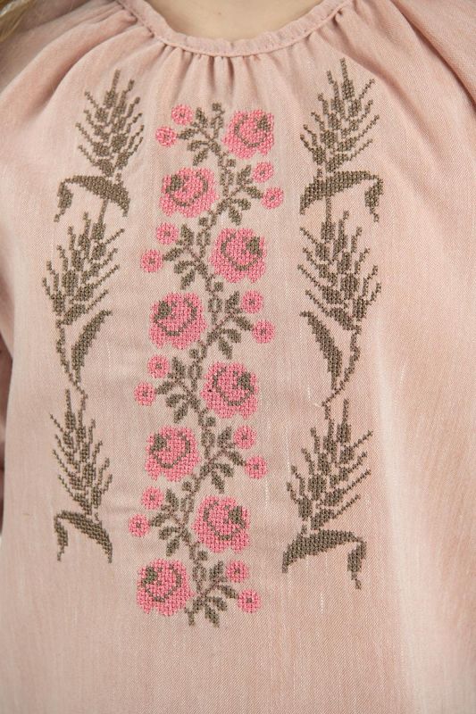 Вишиванка для дівчинки Троянди і колоски лляна дитяча блузка з узором 220411 льон 128см рожева