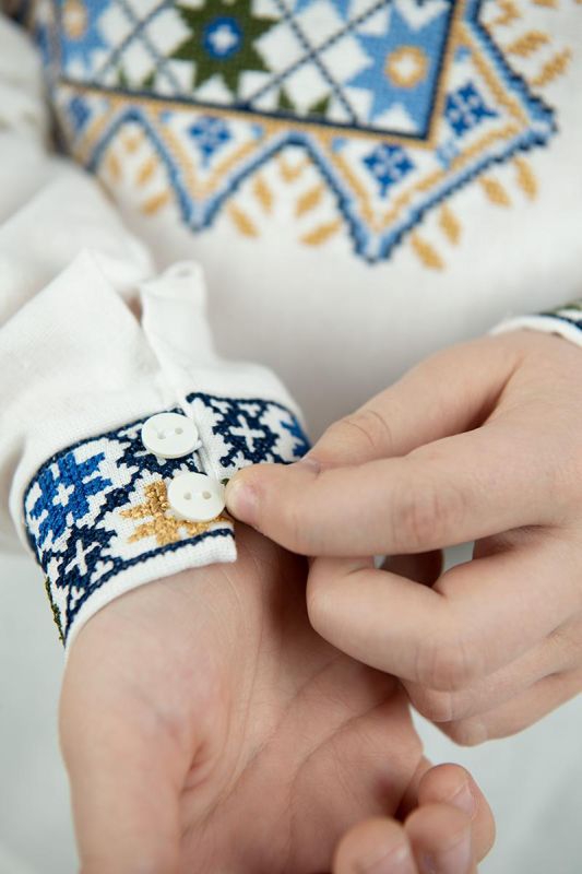 Вишиванка для хлопчика лляна підліткова Святкова з зірковим орнаментом 05234 льон 152см молочна