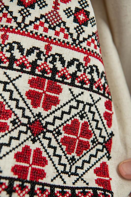 Вишиванка для дівчинки лляна Україночка з червоно-чорним орнаментом 15050411 льон 146см натуральний колір