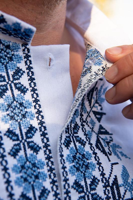 Вишиванка чоловіча лляна з блакитним орнаментом 501234 льон (2XL)112-116 біла