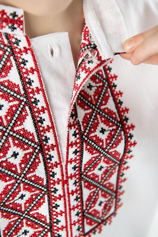 Вишиванка для хлопчика лляна Козак дитяча святкова сорочка з вишивкою 401234 льон 116см біла з червоним орнаментом