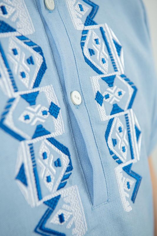 Вишиванка підліткова для хлопчика лляна літня з коротким рукавом на гудзиках 062341 льон 122см блакитна
