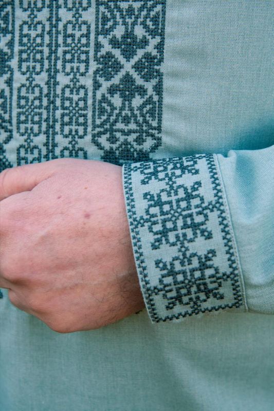 Чоловіча вишиванка Орнамент з узором спереду і на спині 201234 льон  (2XL)112-116  сіро-зелена