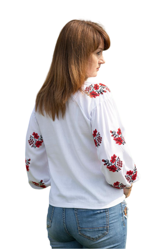 Вишиванка лляна жіноча з червоним орнаментом Калина і Дубочки 28020411 льон (S)80-84 біла