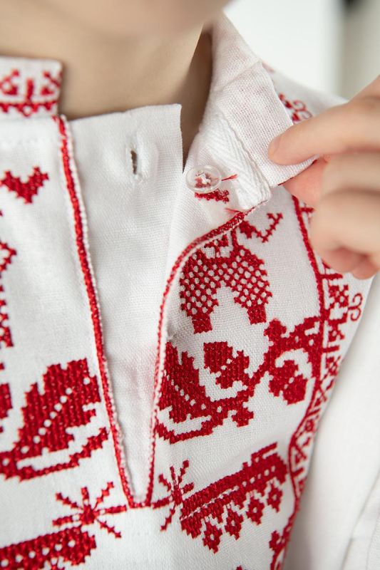 Вишиванка для хлопчика дитяча лляна Мужність 6301234 льон 134см біла з червоною вишивкою