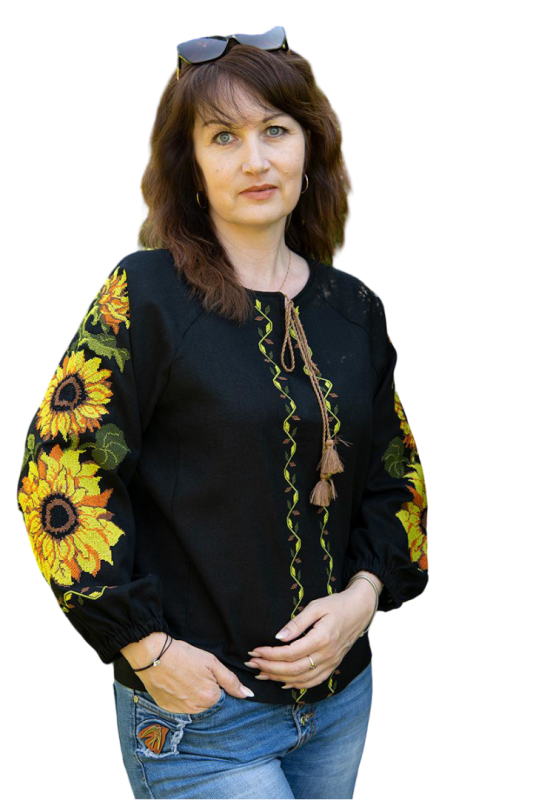 Лляна жіноча вишиванка Соняшники 9020411 льон  (M)92 чорна