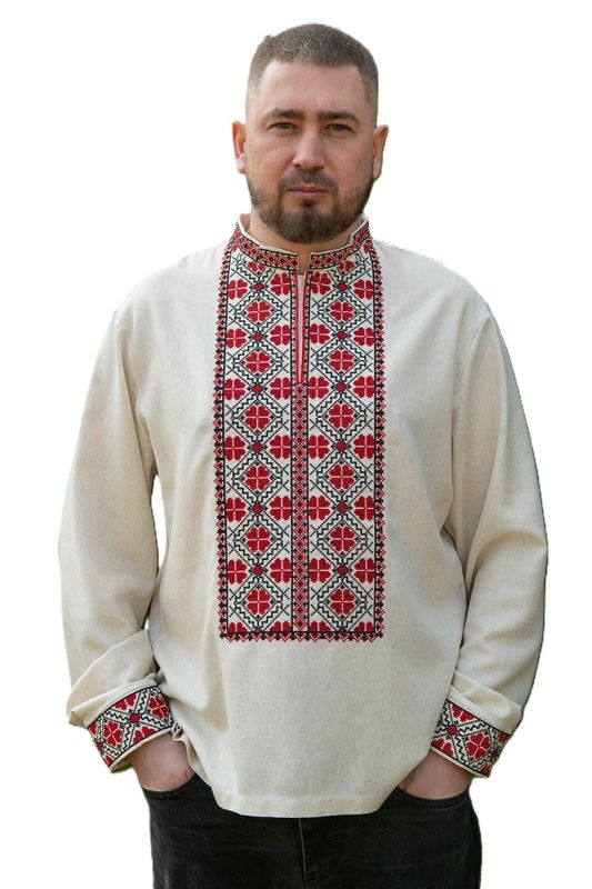 Лляна чоловіча вишиванка Українські традиції 32101234 натуральний льон (2XL)112-116 з червоно-чорним орнаментом