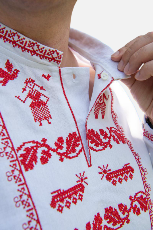 Вишиванка чоловіча лляна Мужність 91301234 льон  (3XL)120 біла з червоною вишивкою